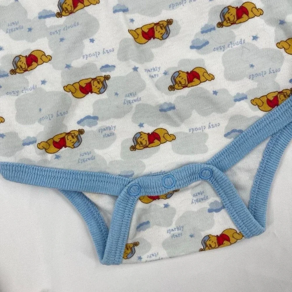 Y2K Winnie The Pooh Bodysuit Disney Blue White 3-6 Months Sleeveless Vintage